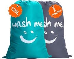 Waszakken, 120 l, nylon, vuilafstotend, stofdicht, waszakken voor reizen, opbergtas voor kleding, speelgoed, dekbedden, donkergrijs + blauw