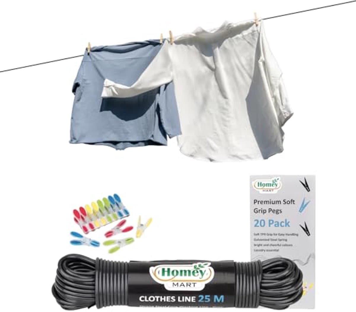 25M Extra Sterke Waslijn - 3,5 mm Dikte voor Binnen en Buiten met 20 Kleding Pinnen — afbeelding 1