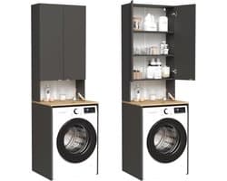 Wasmachinekast en hoge kast voor badkamer, superstructuur voor wasmachine en droogtrommel, 210 x 65 x 50/56 cm, wit