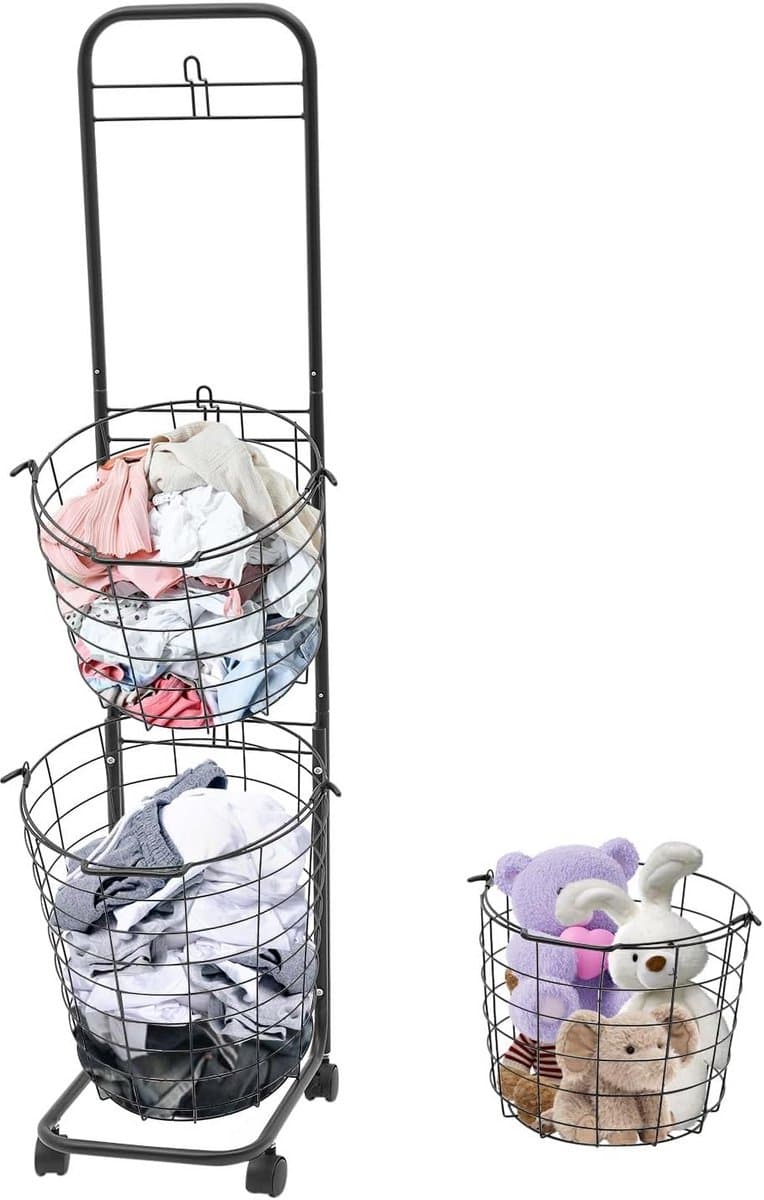 Grote Wasmand op Wielen met 3 Verwijderbare Sorteerbakken - Slimme Waswagen voor Slaapkamer en Badkamer — afbeelding 1
