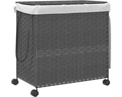 Grote Wasmand op Wielen 60x35x60.5cm - Waszak met 3 Compartimenten, Wicker Wasmand