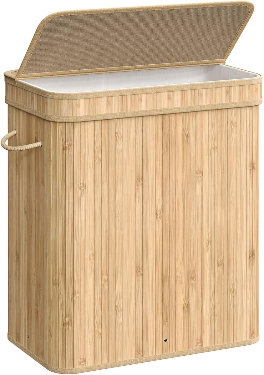 Wasmand Vuilewasmand met deksel handgrepen en uitneembare waszak Grote capaciteit van 100 liter opbergruimte Stevig en duurzaam bamboe frame Stijlvolle, eenvoudige en moderne uitstraling 34,5 x 54,5 x 61 cm naturel — afbeelding 1