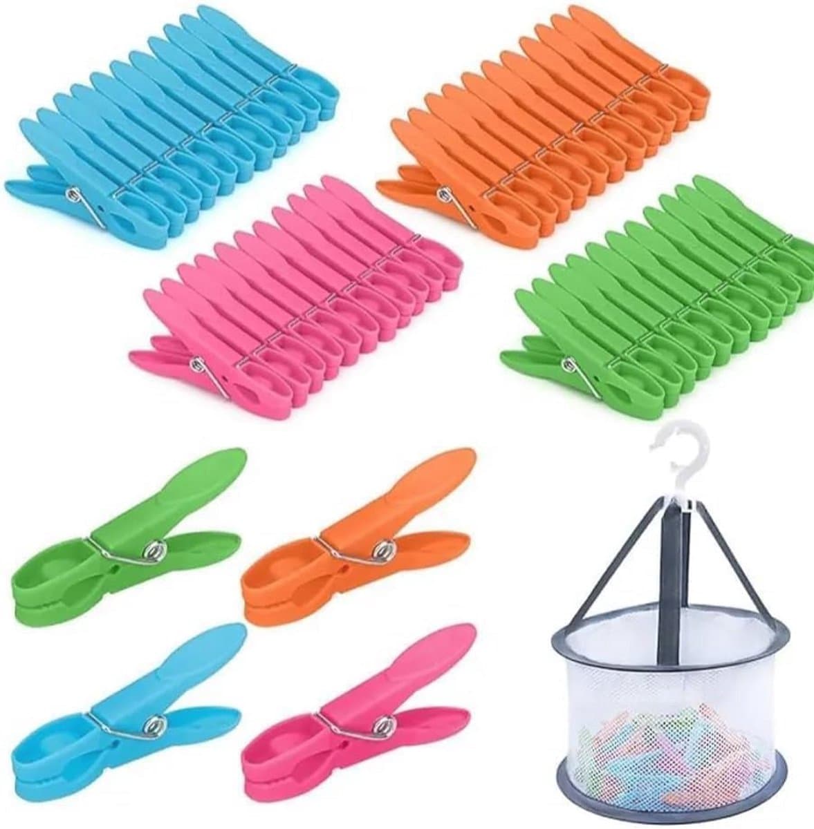 Kleurrijke wasknijpers set met mand - 48 antislip kunststof wasknijpers voor waslijn en kleding — afbeelding 1