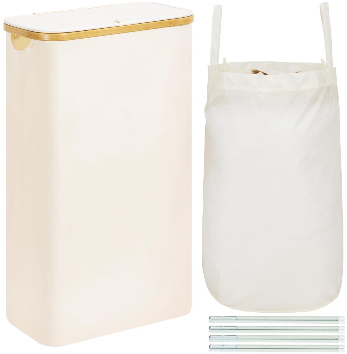 ROSOS Wasmand met deksel, 65L opvouwbare smalle wasmand met uitneembare waszak, slanke wasmand beige, wasverzamelaar met deksel en bamboe handvat, smalle en hoge wasmand met deksel — afbeelding 1