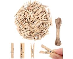 Houten knijpers - 100 stuks - 3,5 x 0,7 cm - jute koord - natuurlijk hout - decoratieve knijpers voor foto's en ansichtkaarten.