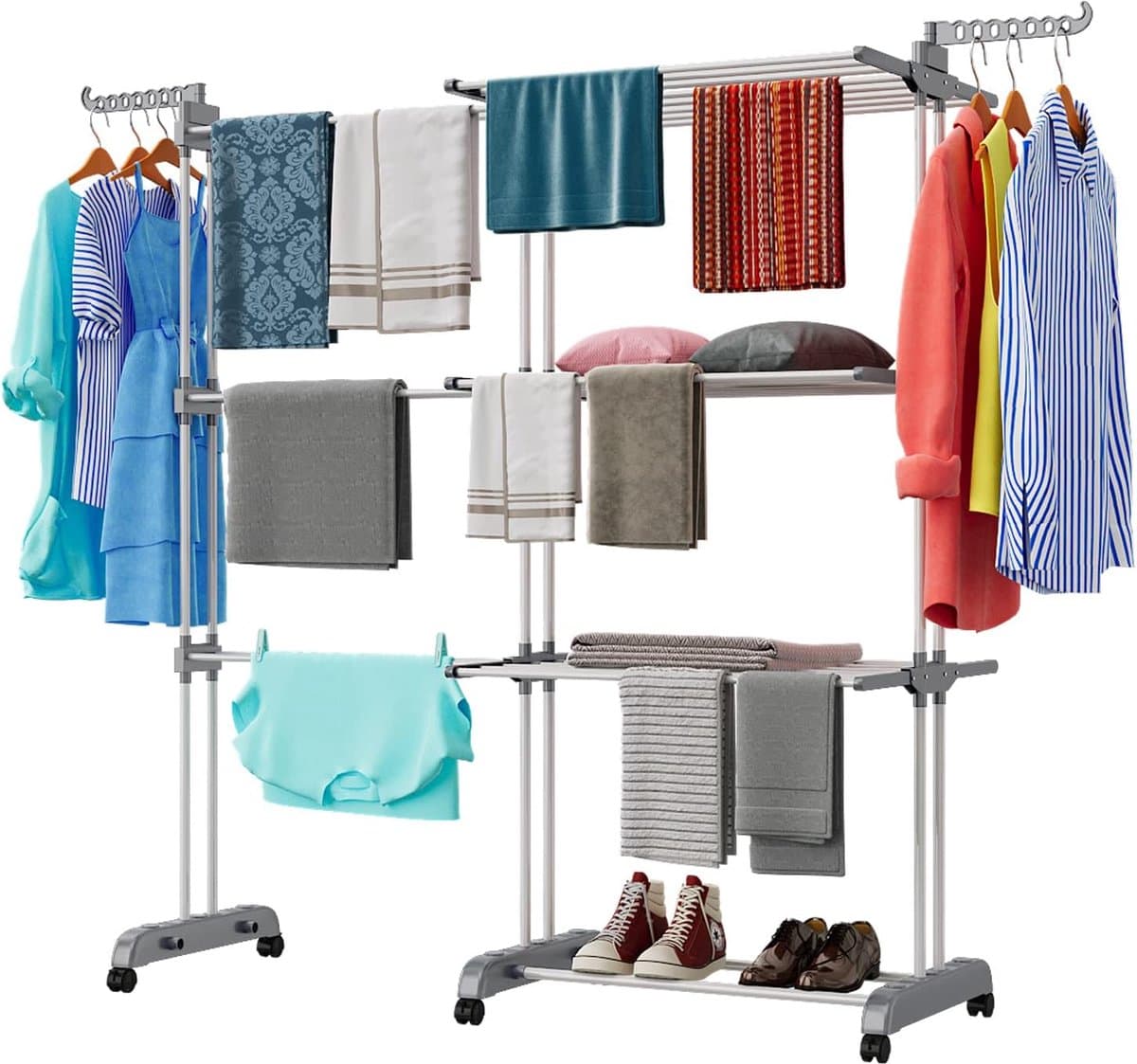 Torendroogrek - Wasrek - 3 Etages - Uitschuifbaar 66-130 cm - 6 Inklapbare Vleugels - Droogrek Binnen en Buiten - Compact en Inklapbaar - Voor Grote Gezinnen - Verrijdbaar - Ruimtebesparend Wasrek - Wasdroger Rek - Wit/Blauw — afbeelding 1