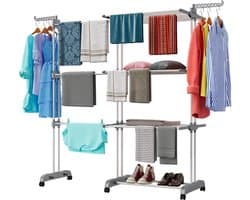 Torendroogrek - Wasrek - 3 Etages - Uitschuifbaar 66-130 cm - 6 Inklapbare Vleugels - Droogrek Binnen en Buiten - Compact en Inklapbaar - Voor Grote Gezinnen - Verrijdbaar - Ruimtebesparend Wasrek - Wasdroger Rek - Wit/Blauw
