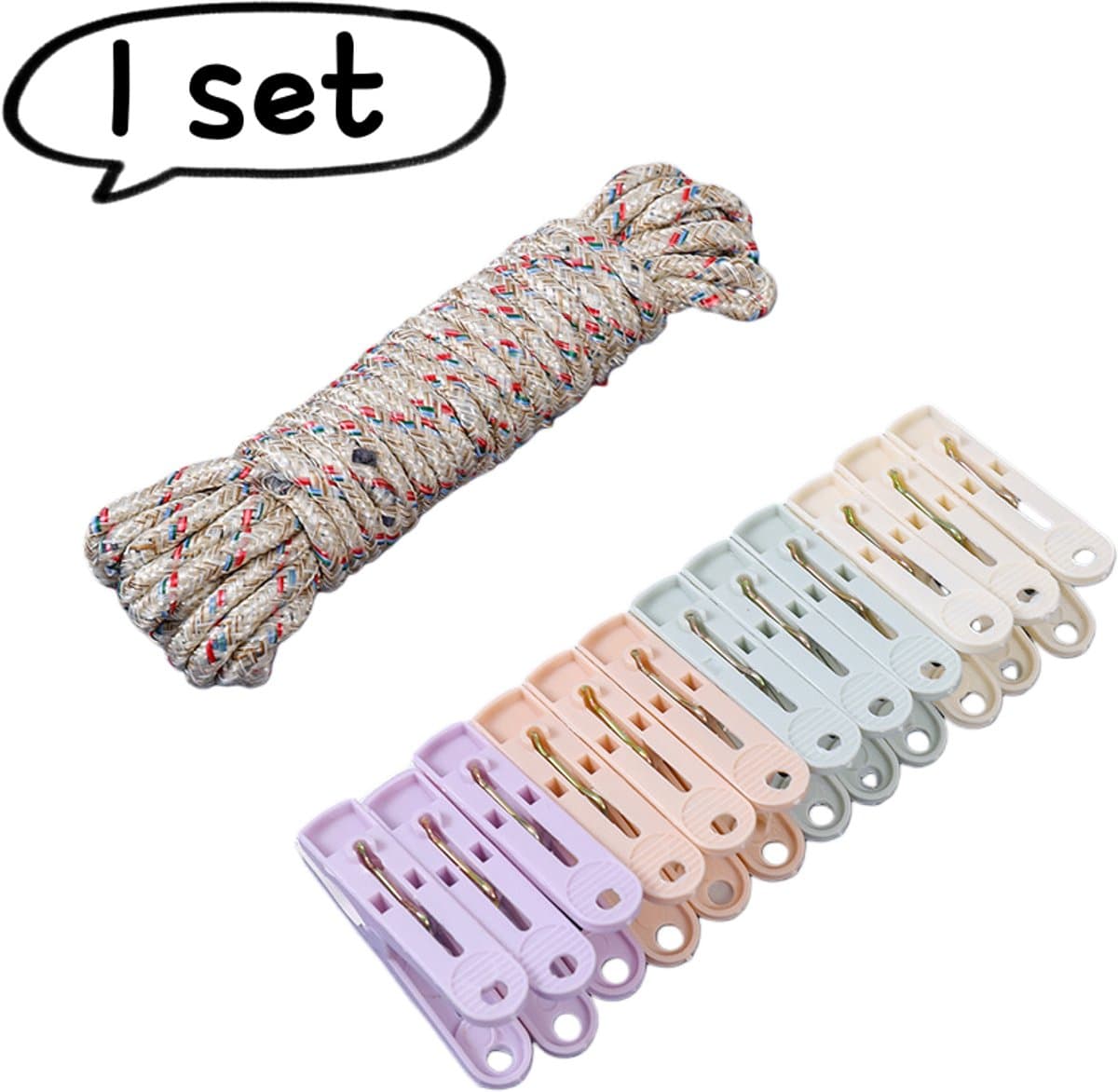1 set - Draagbare waslijn - met 12 klemmen + touwset - Gekleurde plastic kleding- en sokkenklemmen - Windbestendige en wegwaaibestendige klemmen voor buiten - Diverse kleuren — afbeelding 1