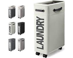 Wasmand met Wieltjes 45L Extra Smal Inklapbare Wasmand met Wielen Opvouwbare Dunne Wasmand met Handvat Praktische Opbergboxvoor Slaapkamers en Wasruimte (Gebroken Wit o2)