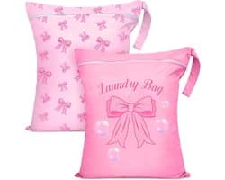 Wasnetjes met ritssluiting - Roze strikken op roze achtergrond - 55 x 45 cm - Waterdichte polyester waszakken - Voor reizen en dagelijks gebruik