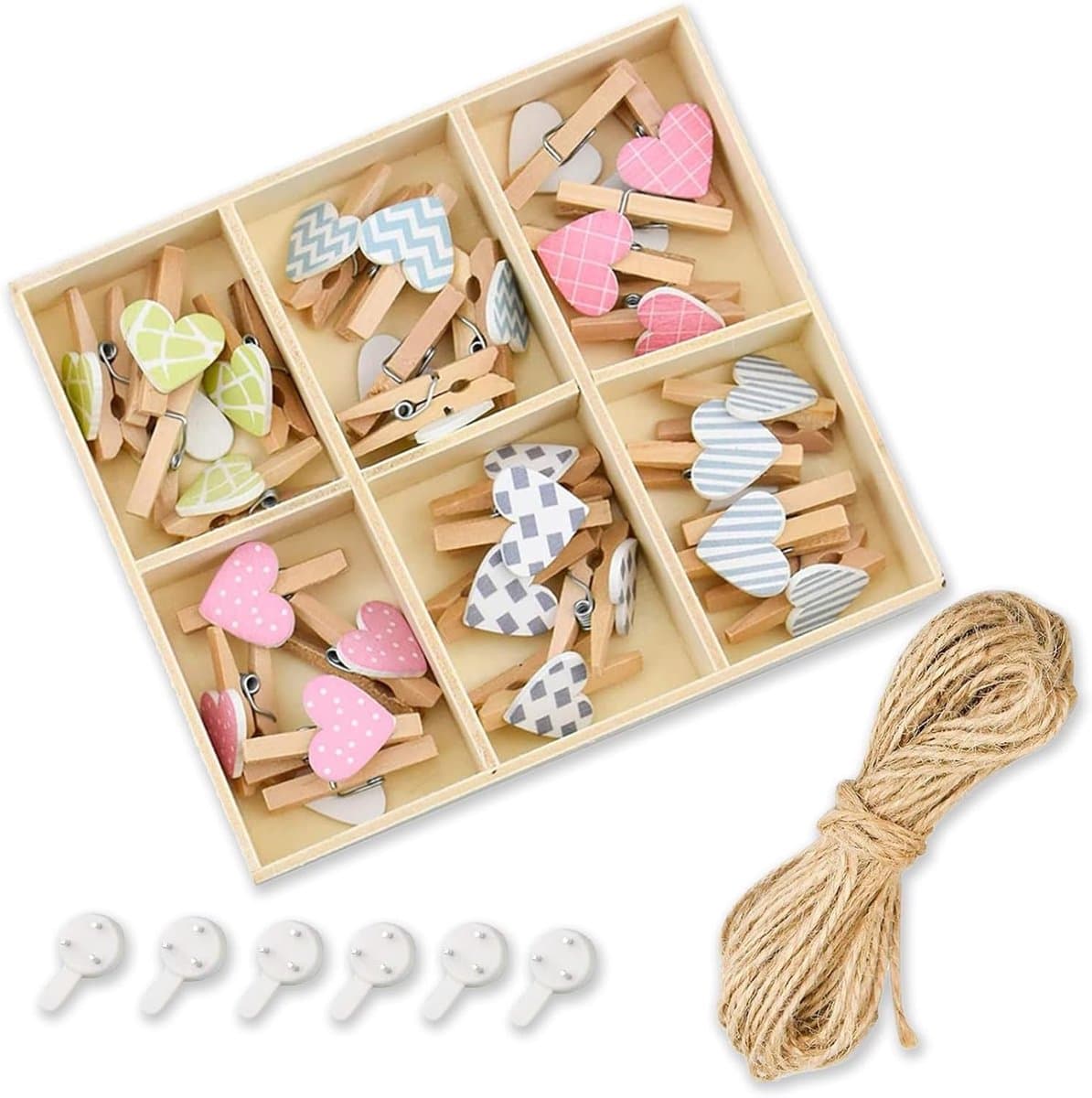 Wasknijpers van hout, hart, 30 stuks, decoratieve knijpers van berk, voor mini-wasknijpers, houten decoratie, fotoweergave, feest, bruiloft en woondecoratie — afbeelding 1