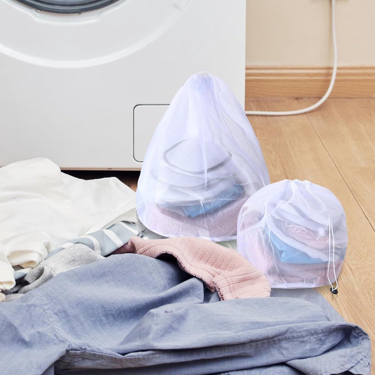 Waszakken met trekkoord voor wasmachinetassen voor wasmachines, delicate waszakken, herbruikbare netto waszak voor delicate kleding, sokken, beha, ondergoed, 2 kleine (30 x 40 cm), 1 groot (50 — afbeelding 1