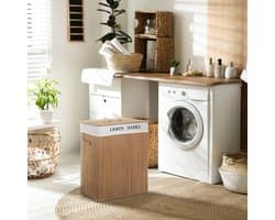 MEUNIQ Wasmand 100L met deksel 52 x 32 x 63 cm, bamboe wasbox met uitneembare canvas waszak, 2 vakken voor wassortering, handgrepen en ventilatiegaten, naturel