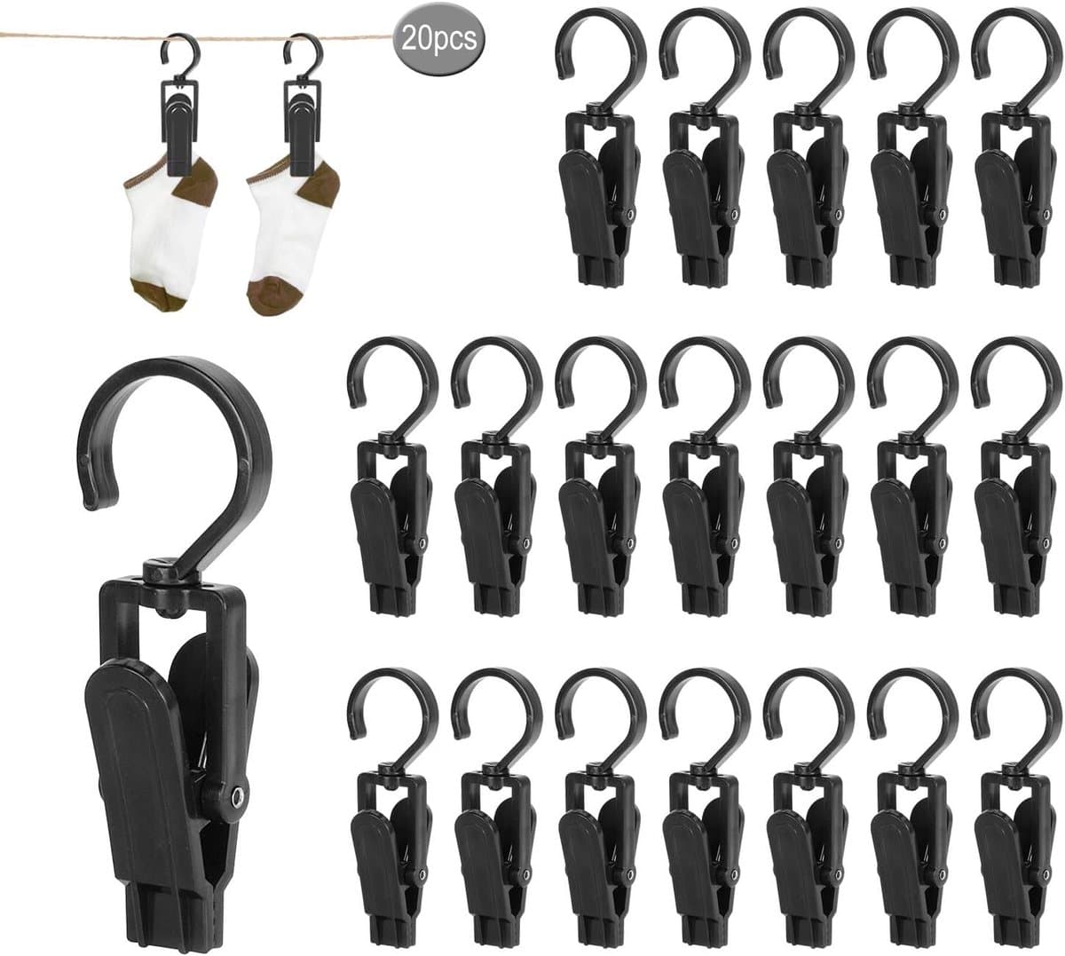 SnelShoppen - 20 Stuks Sterke Klemmen met Hanger Haak, Grote Kledingknijpers voor Garderobe, Hoed, Gordijn, Sokken, Lakens, Strandhanddoek - Ruimtebes — afbeelding 1