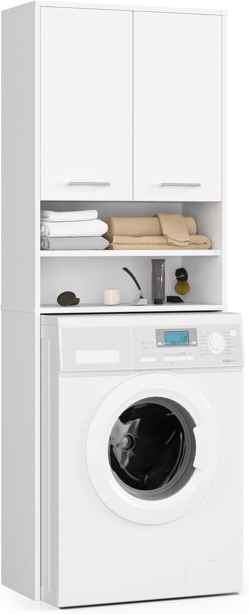 Wasmachinekast - Ombouwkast Droger - Opbergen Badkamer - Met 2 Deuren - 64 x 180 x 30 cm - Wit — afbeelding 1