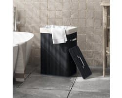 REDOM - Waskorf met deksel - 72L inhoud - Uitneembare waszak en handgrepen - Vouwbaar - Badkamer of wasruimte - Bamboe en zeildoek - Zwart - 40 x 30 x 60 cm