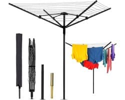 Roterende Waslijn - Kledingdroger Buiten - Kleding Luchten - 50 Meter Droogruimte - Opvouwbaar - Zwart