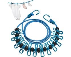 Reiswaslijn - Draagbare kledinglijn - Kleding drogen - Met 12 clips - 10-12 voet - Lichtblauw