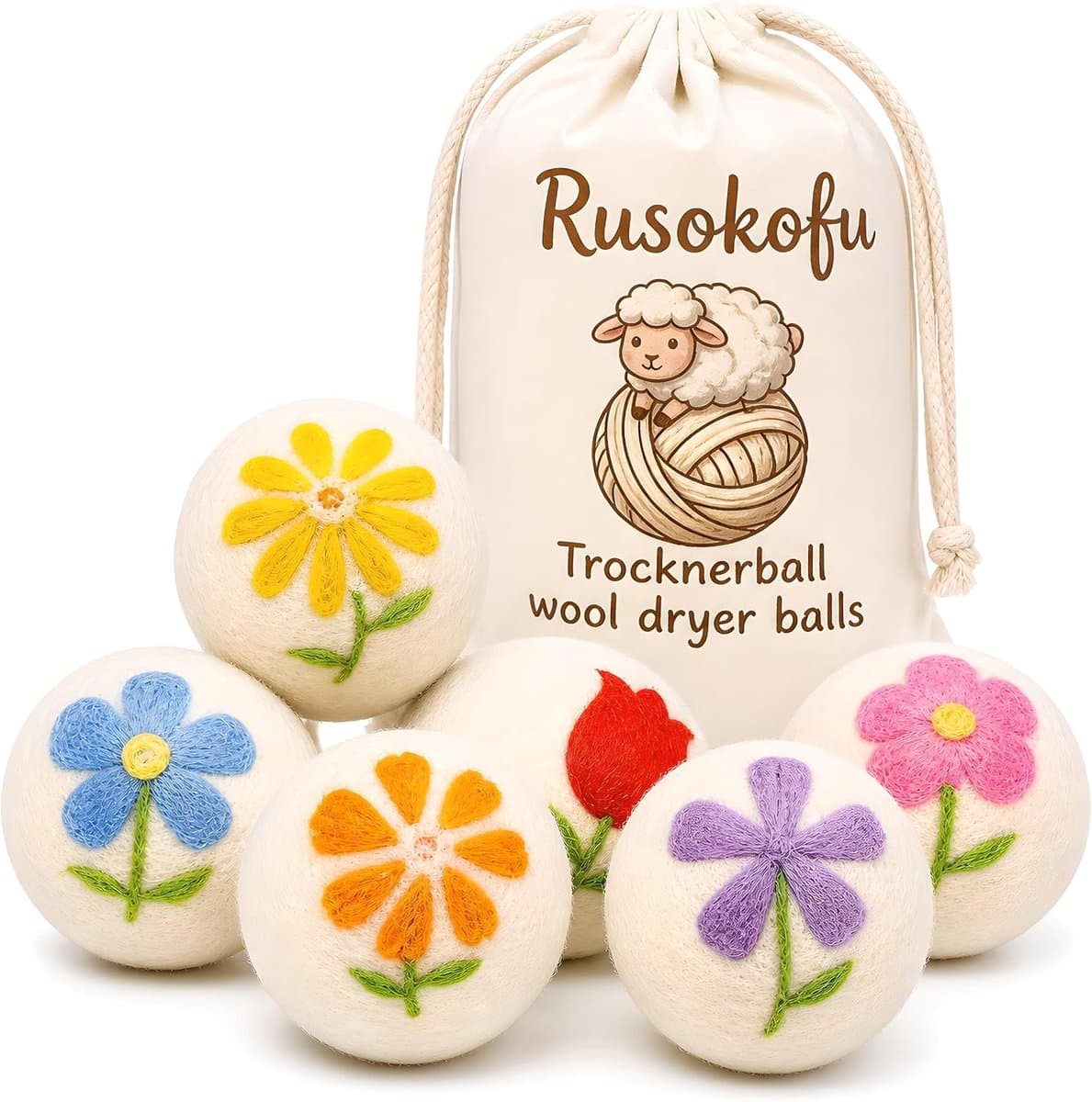 SnelShoppen - 6 Stuks XL Wol Droogballen met Unieke Bloemige Borduursels - Natuurlijke Herbruikbare Wasverzachter - Vermindert Scheuren en Droogtijd - — afbeelding 1