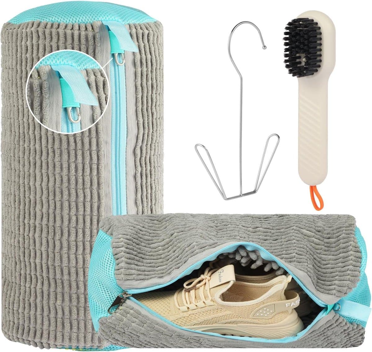 SnelShoppen - Schoenenwaszak voor wasmachine, 4-in-1 complete set, 2 stuks sneakers waszakken van chenille microvezel incl. borstel en schoenenstandaa — afbeelding 1