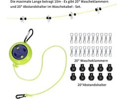 Waslijn Uittrekbaar - Drooglijnen met knijpers - 10 meter - waslijndraad - Wasdraad - voor camping / kamperen - groen