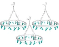 CM Wasgoed droogcarrousel/droogmolen - 3x - 20 clips/knijpers - wit/groen - kunststof - 29 x 42 cm