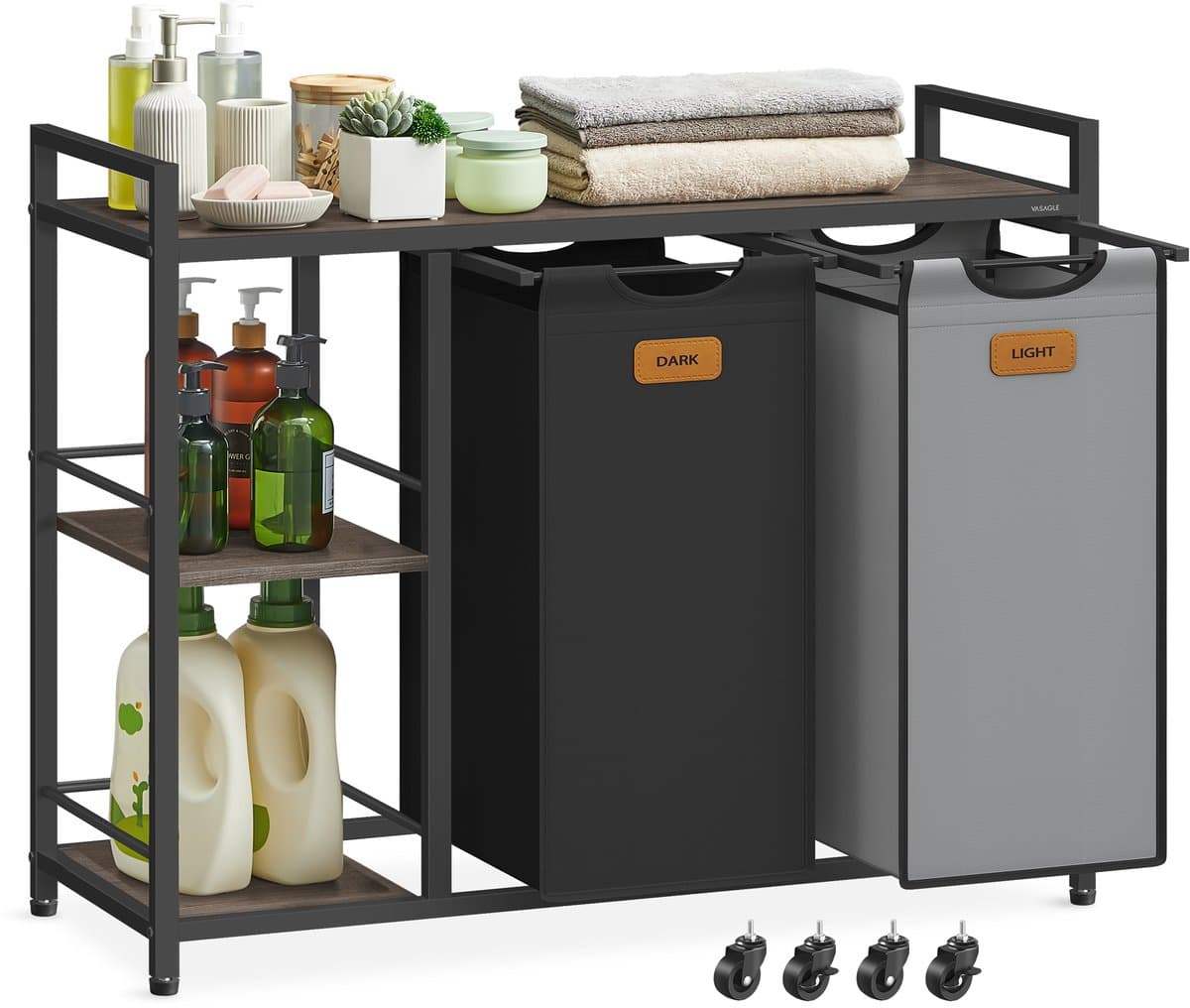 VASAGLE - Wasmand - Wassorteerder - 2 Vakken - 100 L Wassorteerder - Met Wielen en Afneembare Tassen — afbeelding 1