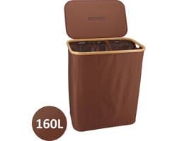 KROMS Wasmand 3 vakken - Bruin - 160L - Extra groot model - Inclusief NL & ENG Labels – Wassorteerder bamboe - Laundry basket - Wasmand met deksel - Opvouwbaar