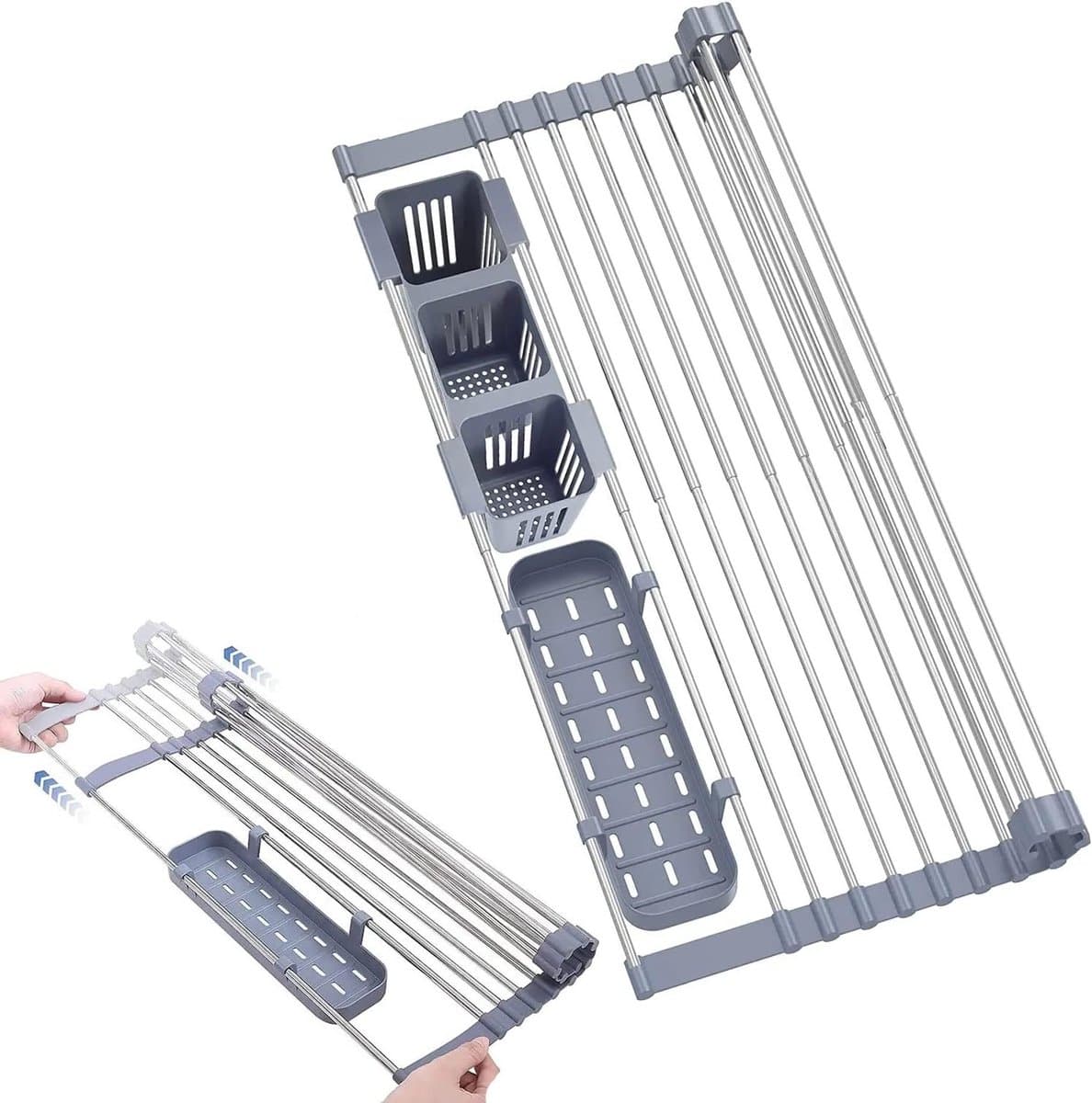 Uitschuifbaar Over-Sink Droogrek - 12.6"-23.3", Afvoerrek met Bestekhouder, RVS Keuken Organizer voor Borden en Keukengerei — afbeelding 1