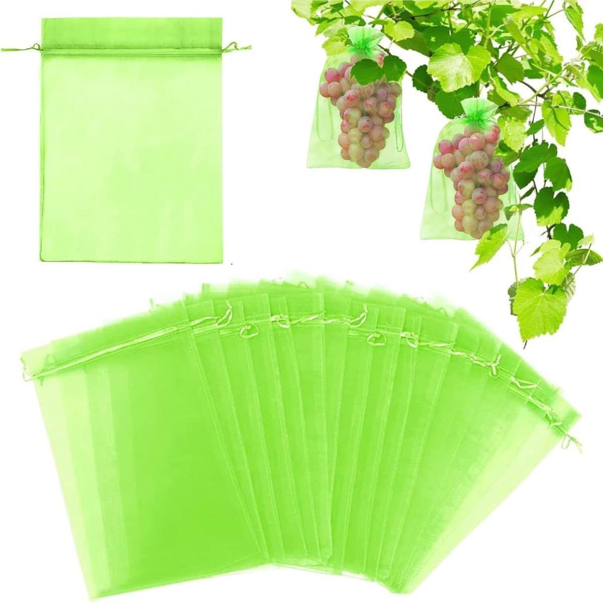 Fruitbeschermzakken - Organza zakjes - Vruchten beschermen - Met trekkoord - 60 stuks - Groen — afbeelding 1
