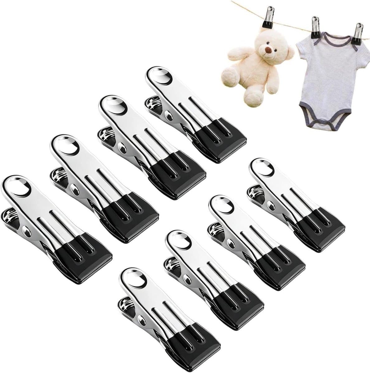 Zware Wasknijpers - Kledingklemmen Organizer - Huishoudelijk Wasgoed - Roestvrijstalen Constructie - 8 Stuks - Zwart — afbeelding 1