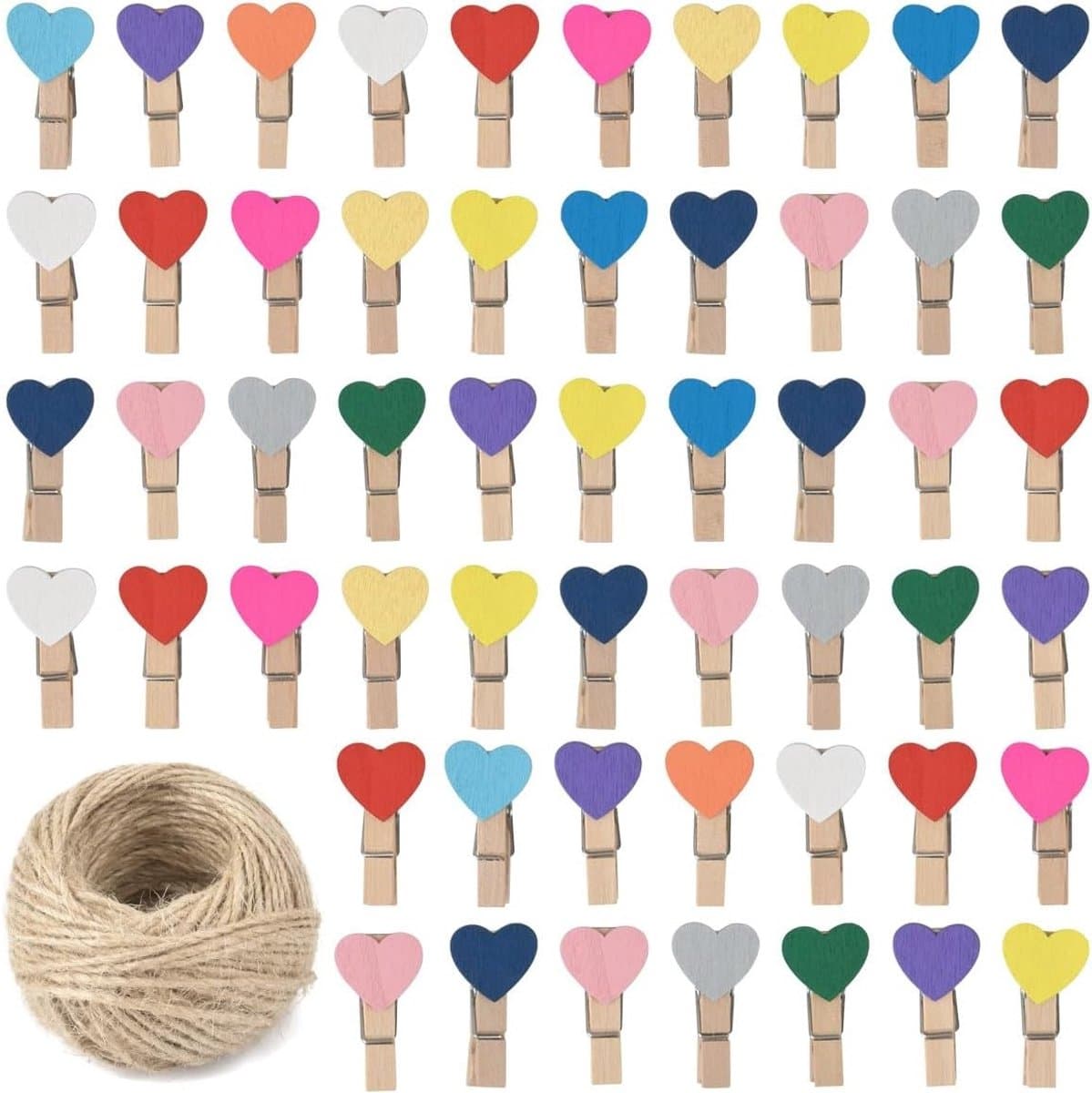 Set van 100 Houten Hart Clips in Kleur - Mini Kledingknijpers voor Foto's, Bruiloften en Adventskalenders — afbeelding 1