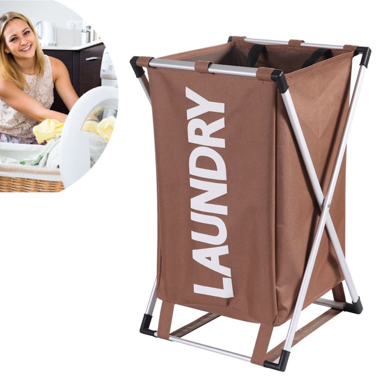 Wasmand Laundry met afsluitbaar vak - 30 L - Wasmanden 1 vak - Badkamer - Opvouwbaar - Waszak - Wasmand 1 vak - Bruin — afbeelding 1