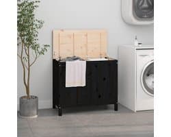 Zwart, 88,5 x 44 x 76 cm, van massief grenenhout, wasmand met gasveer en 2 vakken, voor badkamer, slaapkamer, hal