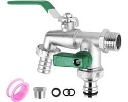 Tuinwaterkraan met dubbele aftap voor wasmachine 1/2" 3/4" 2 slangaansluitingen