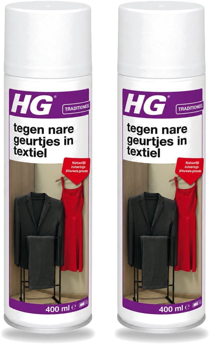 2 x HG - Tegen Nare Geurtjes In Textiel - Natuurlijk Zuiveringsproces - Veilig Voor Alle Textiel - 400 ml - Voordeelverpakking - 2 stuks — afbeelding 1
