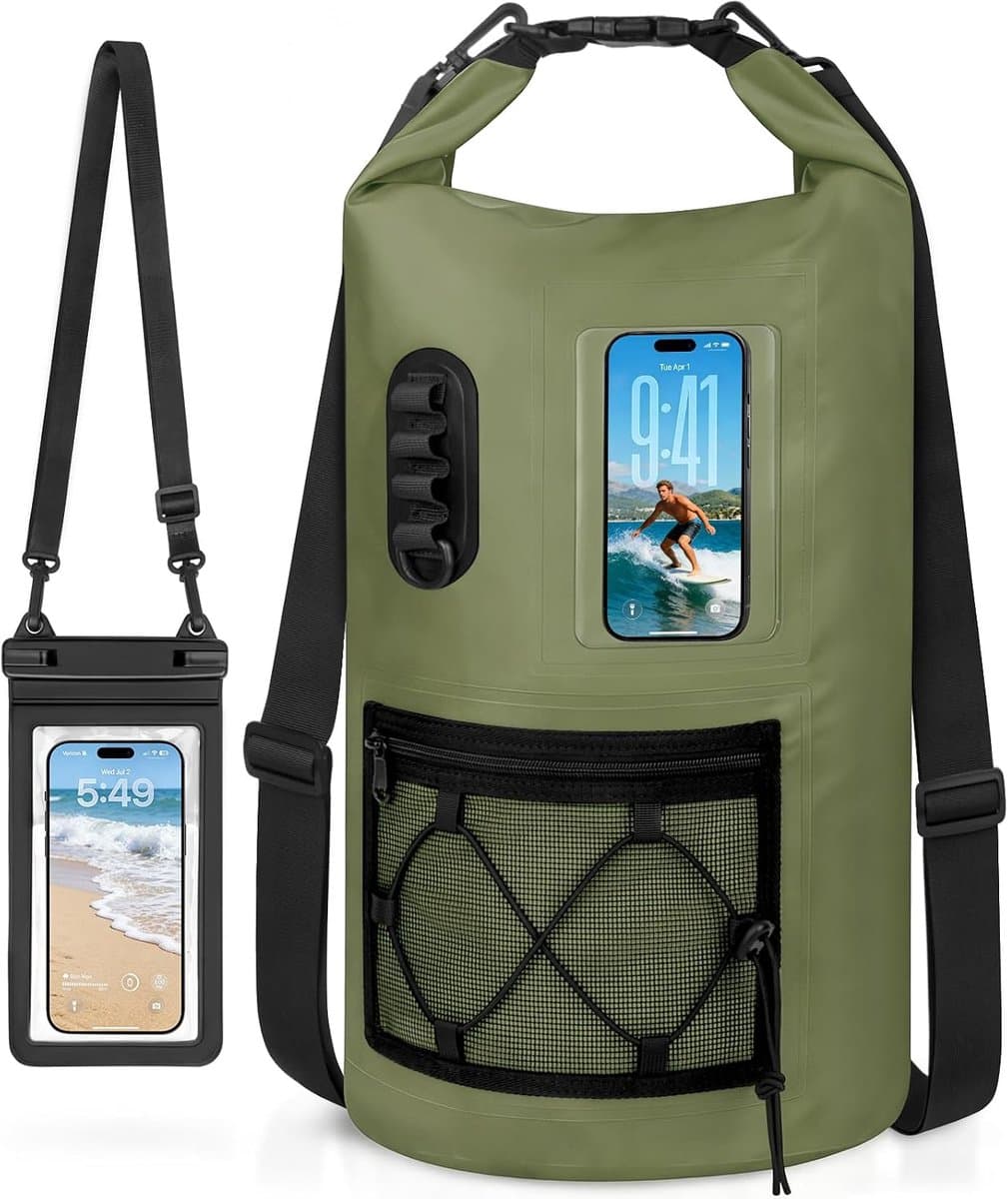 Dry Bag Rugzak 20L/30L, Waterdichte Zakken met Telefoon Dry Bag, Drijvende Strandtas Natte Zakken voor Zwemmen, Camping, Varen, Kajakken, Vissen, Olijfgroen, 30 L, Droge Zak — afbeelding 1