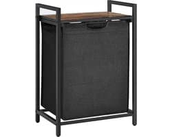 Wasmand 65 L - Zwart met Rustiek Blad, Opbergmand voor Wasgoed, Handdoeken of Speelgoed, 50x33x72 cm, Industriële Stijl