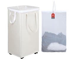 Extra Grote Opvouwbare Wasmand op Wielen - 90 Liter - Met Verwijderbare Waszak - Beige - Inklapbaar voor Makkelijke Opslag — afbeelding 1
