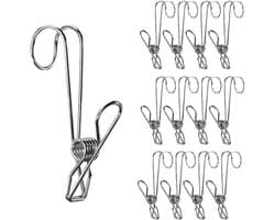 Wasknijpers met haken - Metalen clips - Ophangen en organiseren - Duurzaam roestvrij staal - 95 cm lengte - Zilver