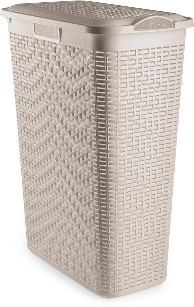 Plasticforte Smalle Wasmand met deksel Rotan - beige - gevlochten kunststof - 48 liter - 27 x 46 x 60 cm — afbeelding 1