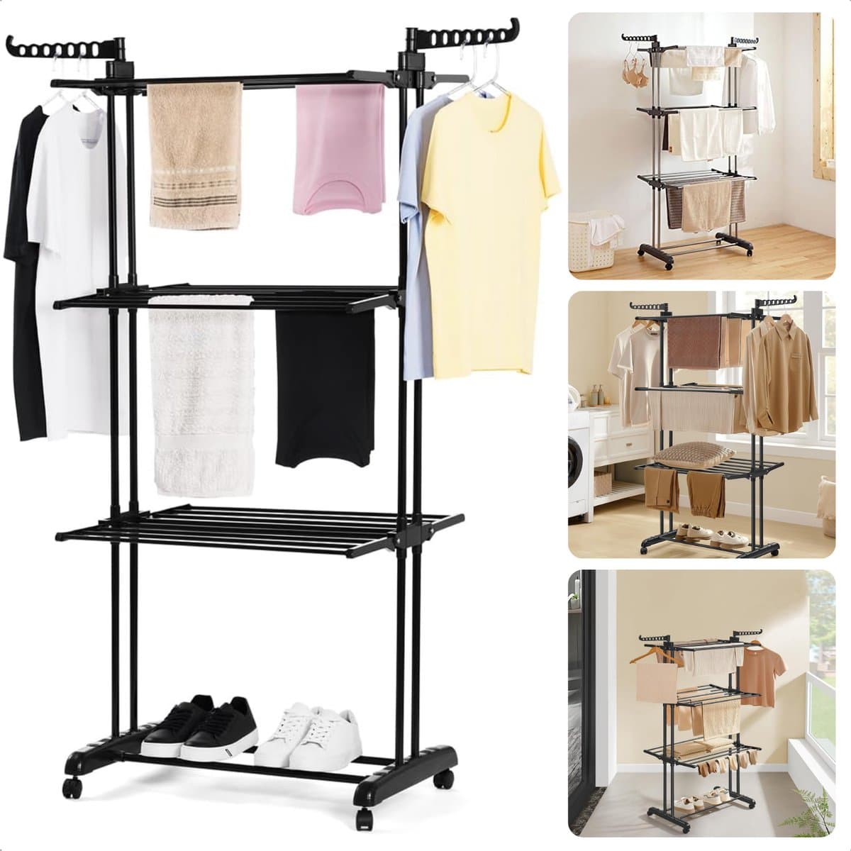 Inklapbaar Wasrek - Droogtoren - Kleding Droogrek - Staal en Kunststof - 75x64x178 cm - Met Wieltjes - Zwart - Inclusief EBOOK — afbeelding 1