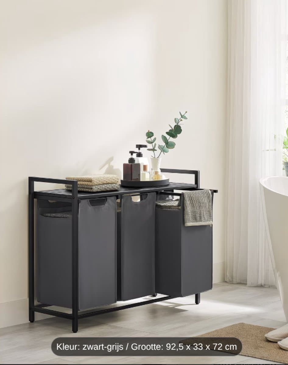 Wasmand 3 Vakken, Wasverzamelaar met Plank, Wasdoos, Oxford Doek Waszak Afneembaar, Metalen Frame, 3 x 38 L, 92.5 x 33 x 72 cm, Vintage Zwart-Grijs — afbeelding 1