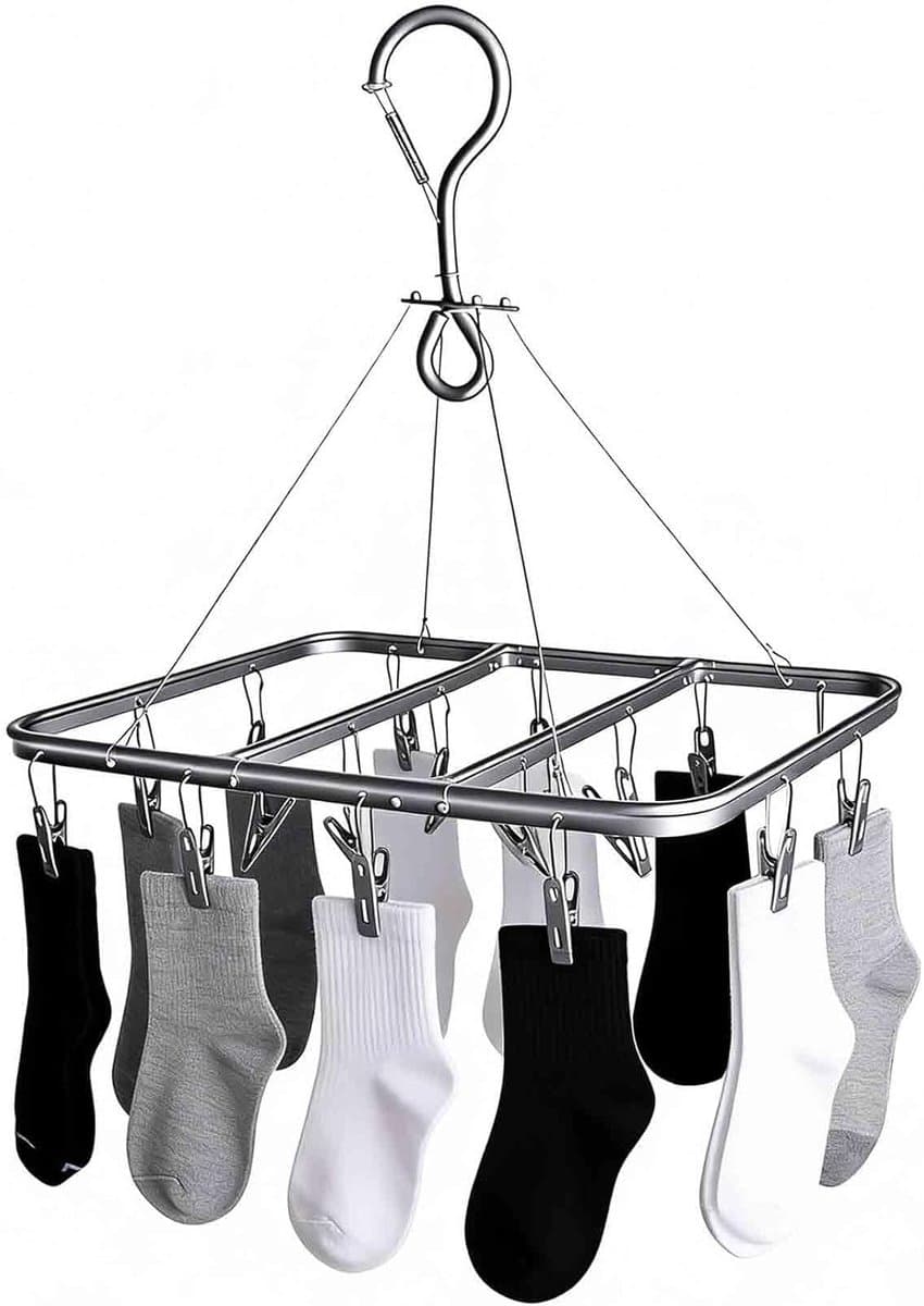 Droogrek met 16 clips, opvouwbare sokkendroger van aluminium, 360° draaibaar, hangend wasrek voor badkamer, balkon en camping — afbeelding 1
