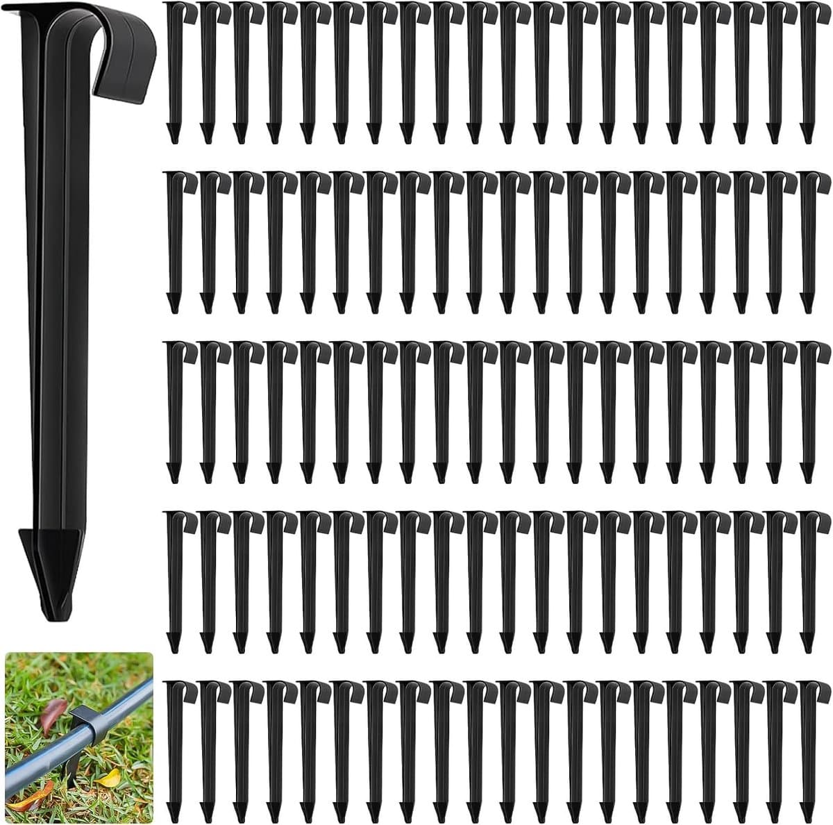 Set van 100 Grondankers voor Tuinslangen, Zwarte Plastic Ankers voor Druppelslangen, Geschikt voor Slangen met een Diameter van 16 mm en Lengte van 11,2 cm — afbeelding 1