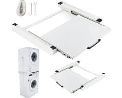 Tussenframe Wasmachine Droger - Universeel Stapelframe - Draagvermogen tot 150 kg - Uittrekbaar Werkblad 38 × 50 cm - 6 m Bevestigingsband - Inclusief Antislipmatten - Voor Wasruimte en Stapelen tot 60 × 60 cm