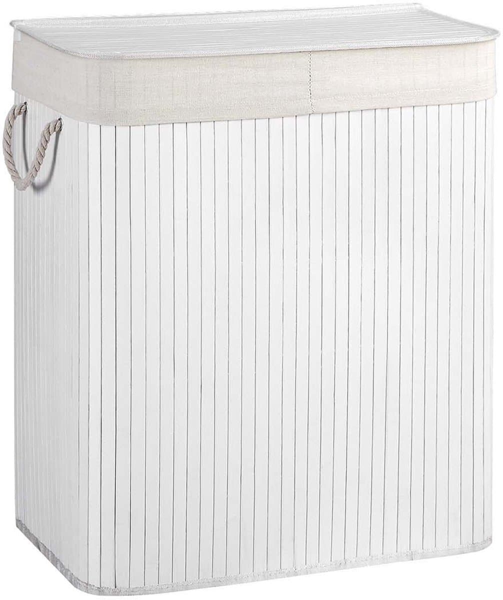 Wasmand met twee vakken Sorteermand 51,5 x 31,5 x 60,5 cm wit 100L grote capaciteit met deksel afneembare katoenen binnenzak en katoenen handgrepen Voor het sorteren van lichte en donkere kleding Geschikt voor wasruimte en slaapkamer — afbeelding 1