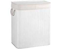 Wasmand met twee vakken Sorteermand 51,5 x 31,5 x 60,5 cm wit 100L grote capaciteit met deksel afneembare katoenen binnenzak en katoenen handgrepen Voor het sorteren van lichte en donkere kleding Geschikt voor wasruimte en slaapkamer