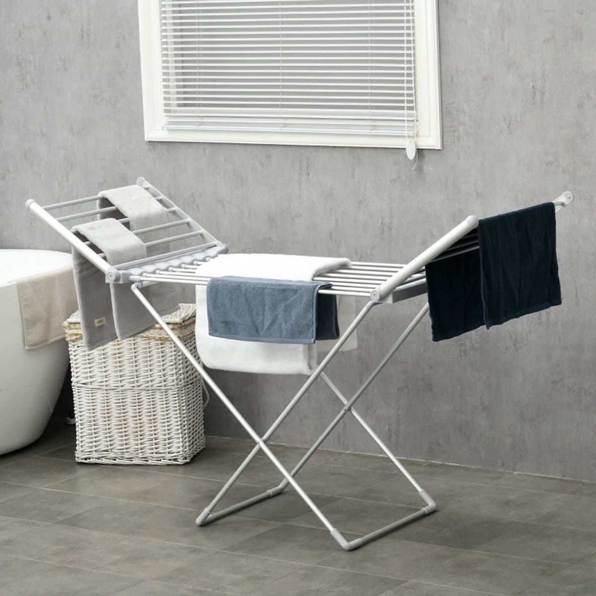 MIVRAY Droogrek – Elektrisch Met Verwarmingsfunctie 45–55 °C – 144 x 53 x 91 cm – Aluminium – Zilver – Inklapbaar Met Uitschuifbare Zijvleugels — afbeelding 1