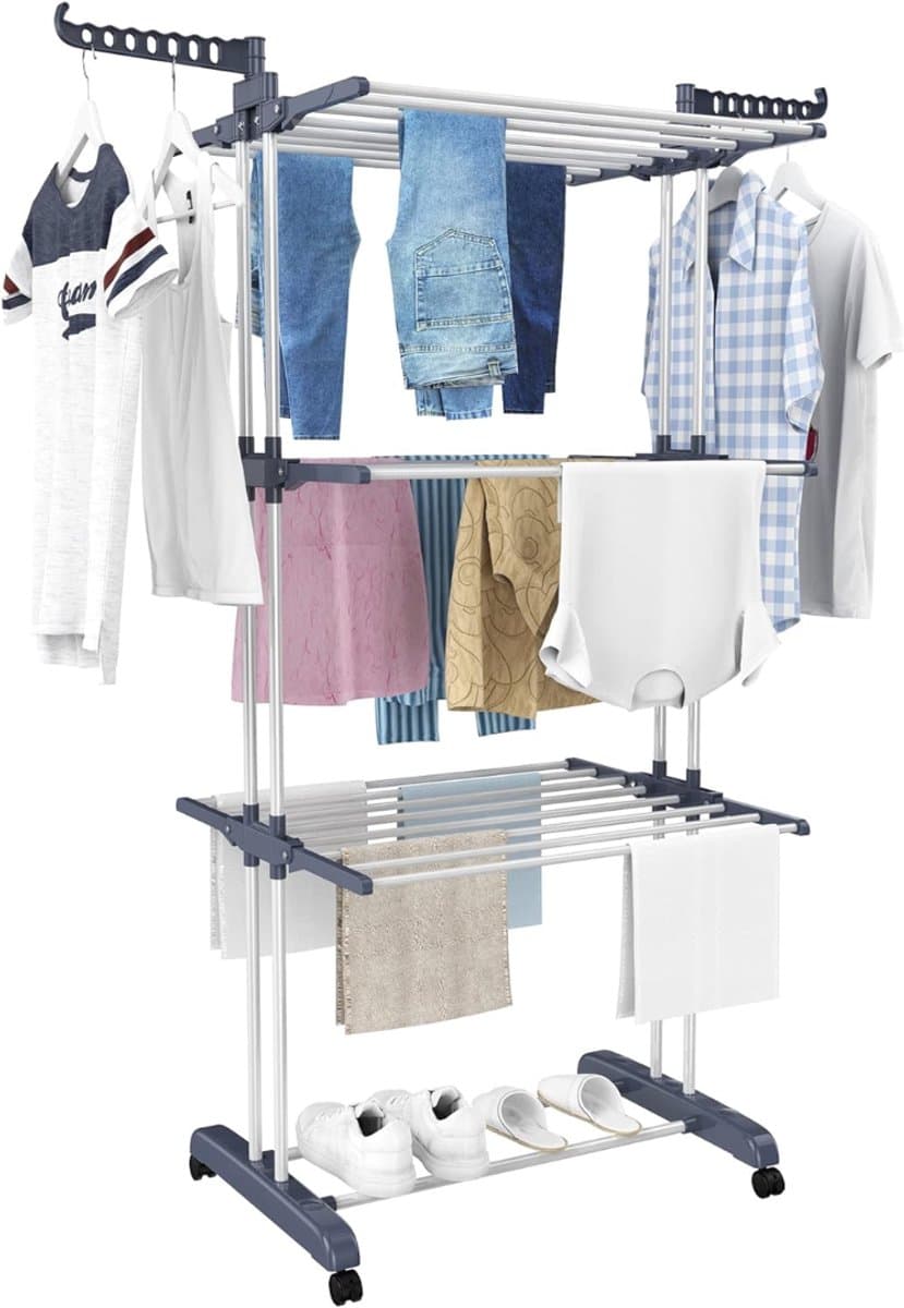 JCP® Droogrek - Gewichtslimiet 30kg - Wasrek - Wasrek Staand - Zwart en Zilver - 76cm x 50cm x 172cm — afbeelding 1